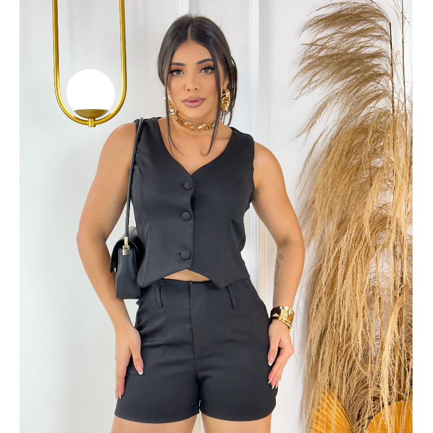 Conjunto Feminino Alfaiataria Colete Decote Em V + Short Com Cinto Look Sofisticado