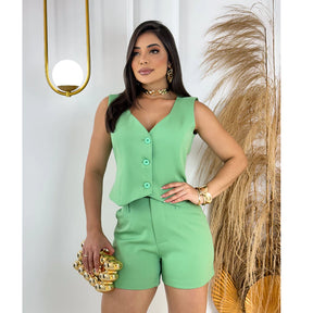 Conjunto Feminino Alfaiataria Colete Decote Em V + Short Com Cinto Look Sofisticado