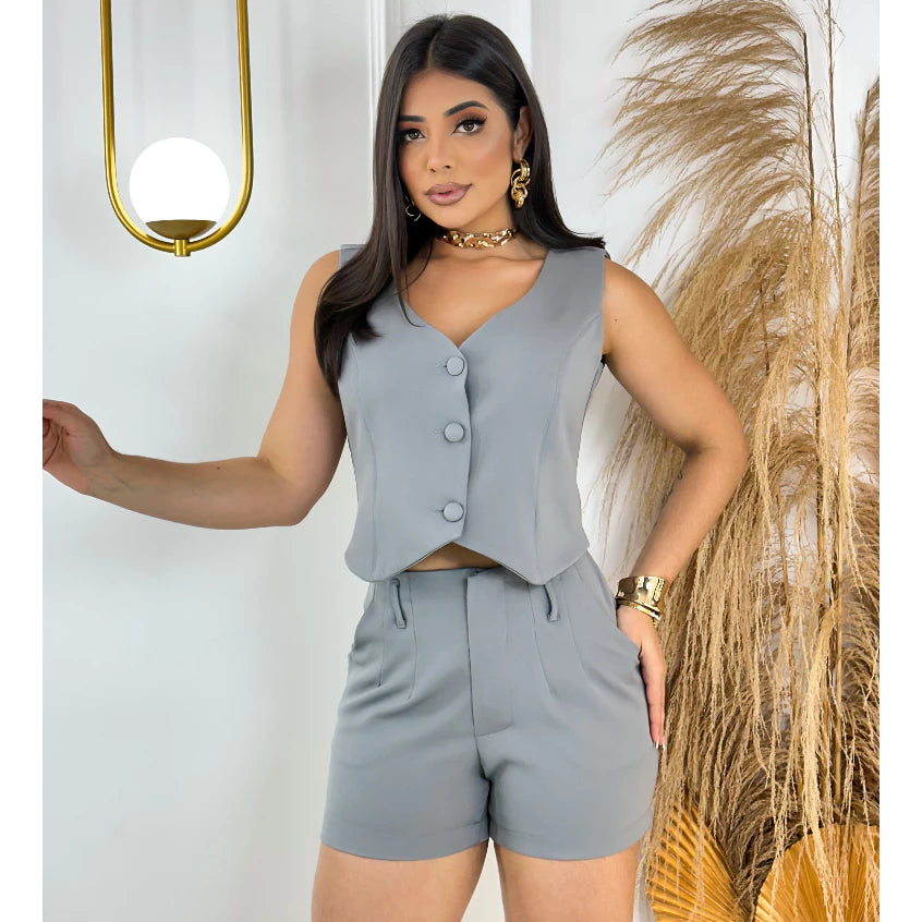 Conjunto Feminino Alfaiataria Colete Decote Em V + Short Com Cinto Look Sofisticado
