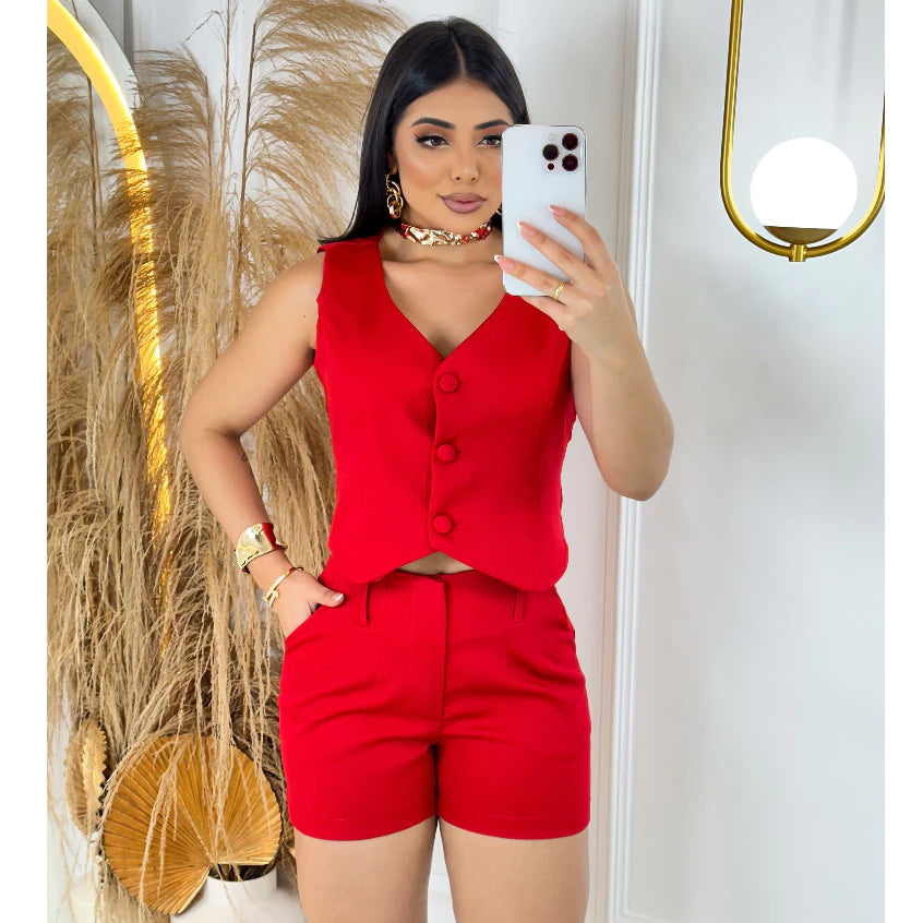Conjunto Feminino Alfaiataria Colete Decote Em V + Short Com Cinto Look Sofisticado
